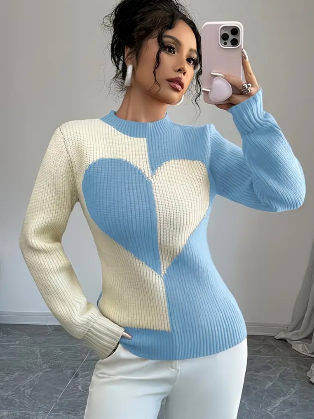 HEART Colorblock Blue & Cream Knit Pullover Sweater L NIB